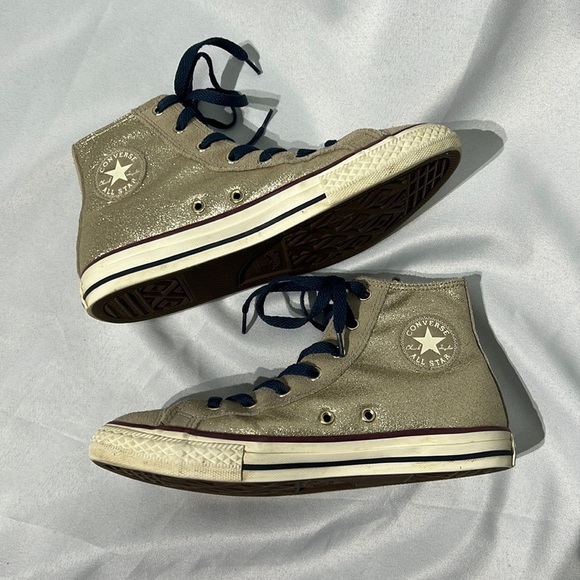Chuck Taylor Converse All Star Hi Tops - Gold Glitter, Tan Faux Suede - size 5 - Picture 1 of 14